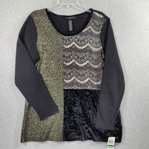Style & Co Womens Top Holiday Patchwork Lace Sparkle Lined Black Gold Large